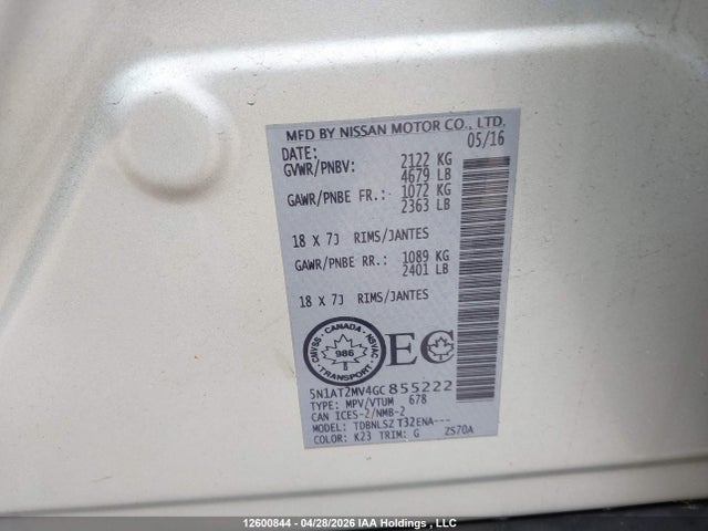 Продаж на аукціоні авто 2016 Nissan Rogue S/sl Premium/sv, vin: 5N1AT2MV4GC855222, номер лоту: 12600844