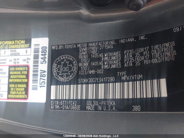 2014 Toyota Sienna Le V6 მანქანა იყიდება აუქციონზე, vin: 5TDKK3DC7ES417290, აუქციონის ნომერი: 12600846