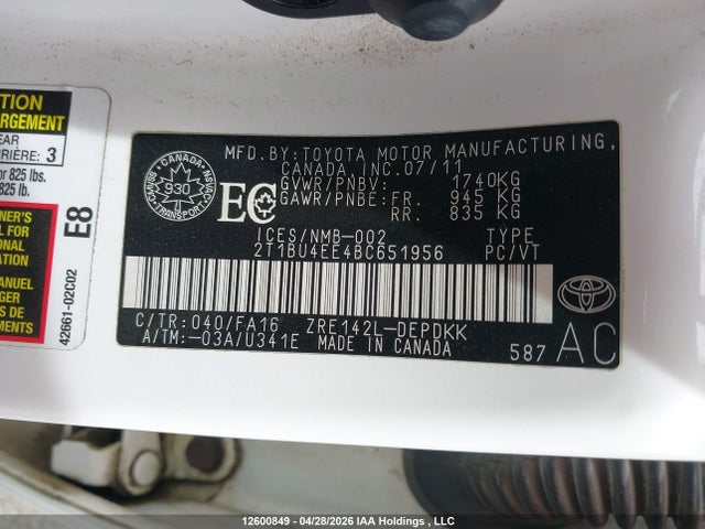 2011 Toyota Corolla Ce მანქანა იყიდება აუქციონზე, vin: 2T1BU4EE4BC651956, აუქციონის ნომერი: 12600849
