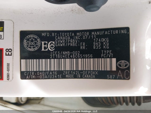 2011 Toyota Corolla Ce მანქანა იყიდება აუქციონზე, vin: 2T1BU4EE4BC651956, აუქციონის ნომერი: 12600849