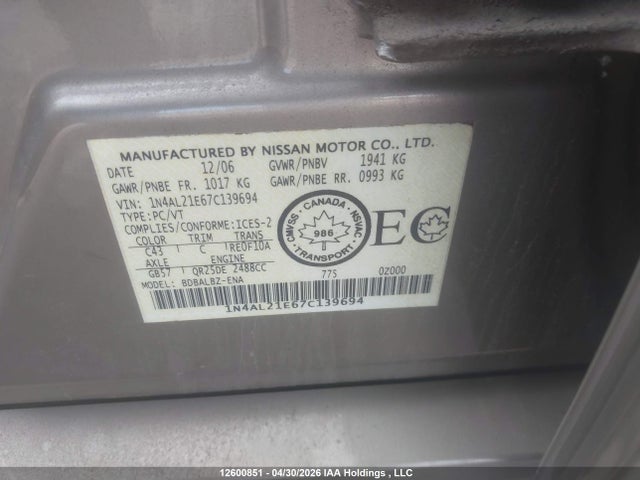 12600851 :رقم المزاد ، 1N4AL21E67C139694 vin ، 2007 Nissan Altima 2.5 S مزاد بيع