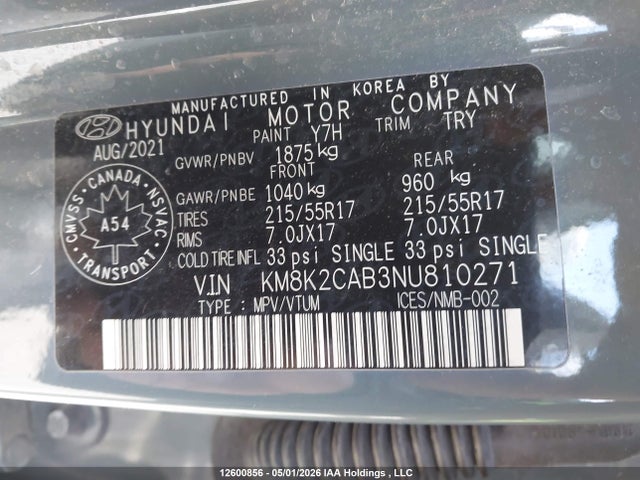 2022 Hyundai Kona Preferred Awd მანქანა იყიდება აუქციონზე, vin: KM8K2CAB3NU810271, აუქციონის ნომერი: 12600856