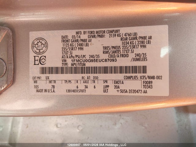 Aukcja sprzedaży 2014 Ford Escape, vin: 1FMCU0G95EUC87093, numer aukcji: 12600857