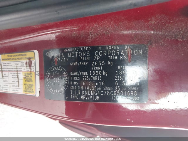 2012 Kia Sedona Lx მანქანა იყიდება აუქციონზე, vin: KNDMG4C78C6501698, აუქციონის ნომერი: 12600859