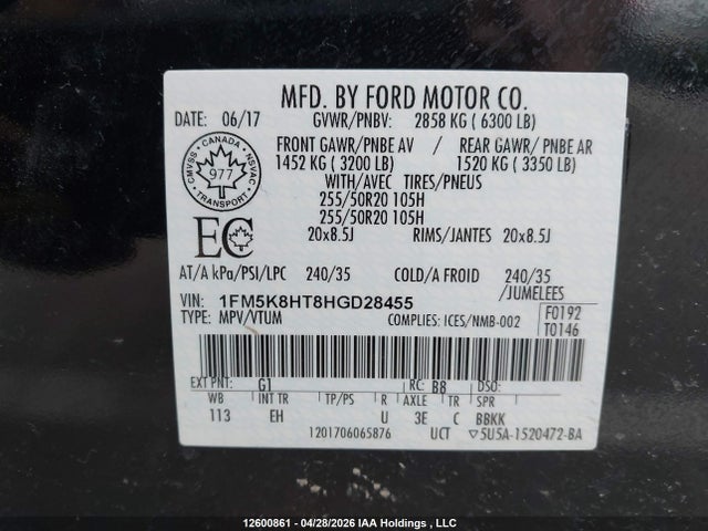 1FM5K8HT8HGD28455 Ford Explorer Platinum