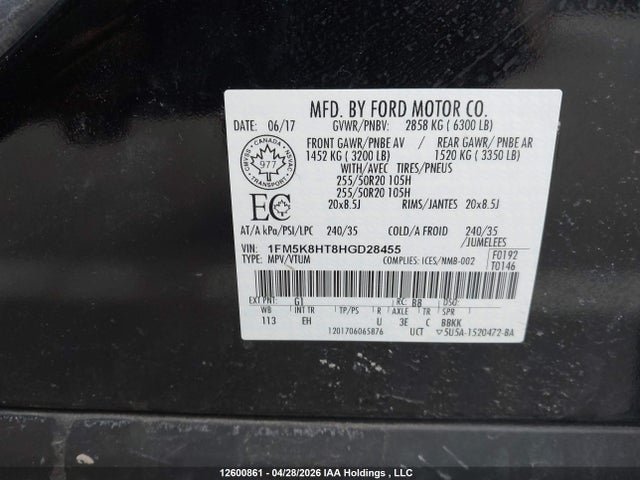 1FM5K8HT8HGD28455 Ford Explorer Platinum