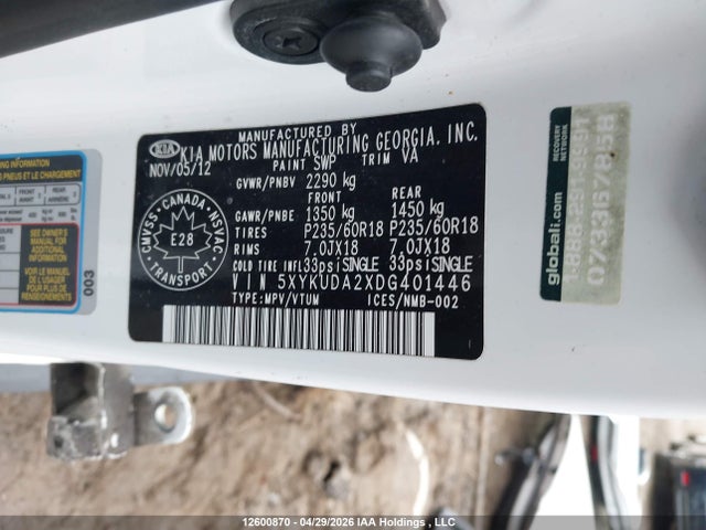 Продаж на аукціоні авто 2013 Kia Sorento, vin: 5XYKUDA2XDG401446, номер лоту: 12600870