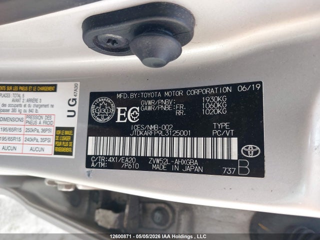 12600871 :رقم المزاد ، JTDKARFP9L3125001 vin ، 2020 Toyota Prius Prime Upgrade مزاد بيع
