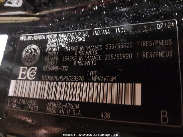 12600874 :رقم المزاد ، 5TDXBRCH5RS629276 vin ، 2024 Toyota Highlander Hybrid Limited/hybrid Platinum مزاد بيع