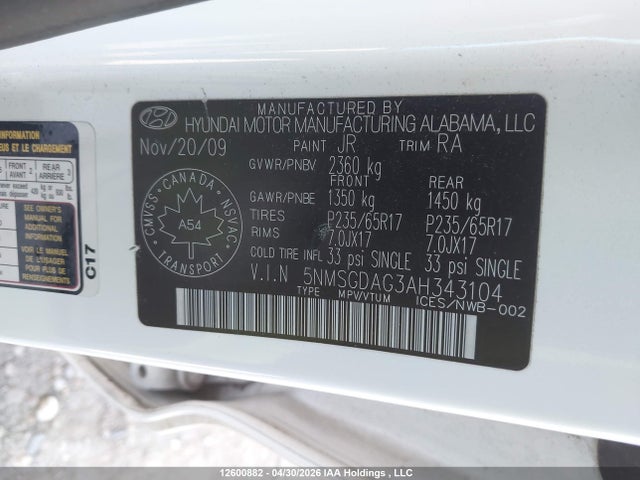 Продаж на аукціоні авто 2010 Hyundai Santa Fe Gl 3.5, vin: 5NMSGDAG3AH343104, номер лоту: 12600882