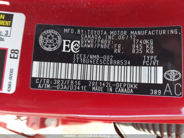 2012 Toyota Corolla Ce მანქანა იყიდება აუქციონზე, vin: 2T1BU4EE5CC898534, აუქციონის ნომერი: 12600884