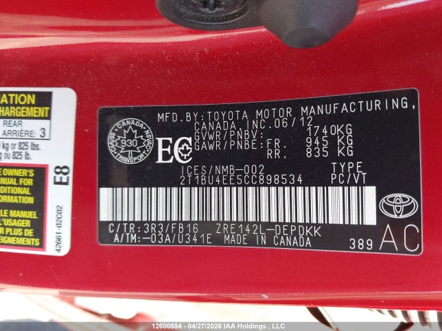 2012 Toyota Corolla Ce მანქანა იყიდება აუქციონზე, vin: 2T1BU4EE5CC898534, აუქციონის ნომერი: 12600884