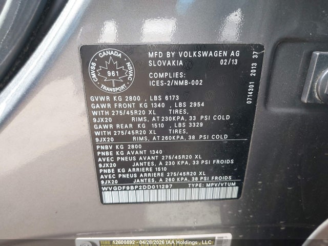 2013 Volkswagen Touareg მანქანა იყიდება აუქციონზე, vin: WVGDF9BP2DD011297, აუქციონის ნომერი: 12600892