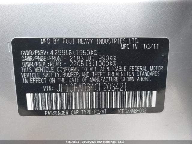 Продажа на аукционе авто 2012 Subaru Impreza Premium, vin: JF1GPAD64CH203421, номер лота: 12600894