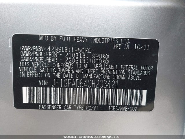 Продажа на аукционе авто 2012 Subaru Impreza Premium, vin: JF1GPAD64CH203421, номер лота: 12600894