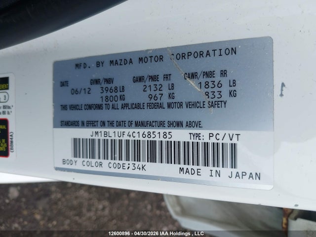 Aukcja sprzedaży 2012 Mazda 3 I, vin: JM1BL1UF4C1685185, numer aukcji: 12600896