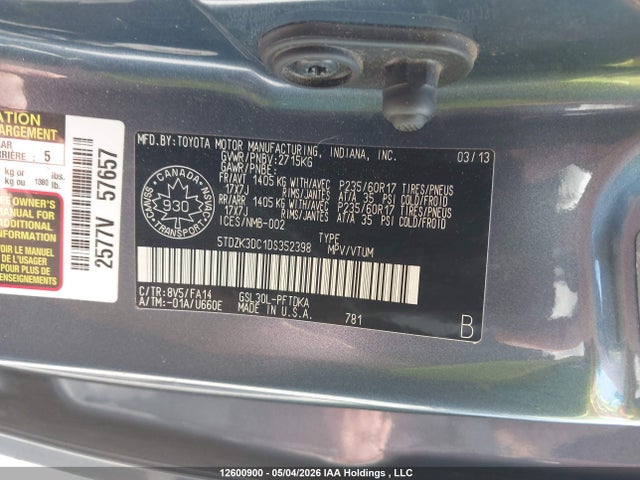 Продаж на аукціоні авто 2013 Toyota Sienna, vin: 5TDZK3DC1DS352398, номер лоту: 12600900