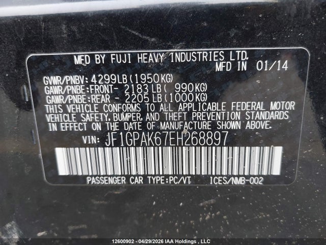Aukcja sprzedaży 2014 Subaru Impreza Limited, vin: JF1GPAK67EH268897, numer aukcji: 12600902
