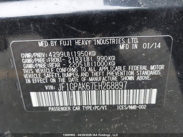 Aukcja sprzedaży 2014 Subaru Impreza Limited, vin: JF1GPAK67EH268897, numer aukcji: 12600902