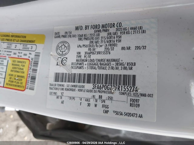 Продажа на аукционе авто 2015 Ford Fusion S, vin: 3FA6P0G73FR155276, номер лота: 12600906