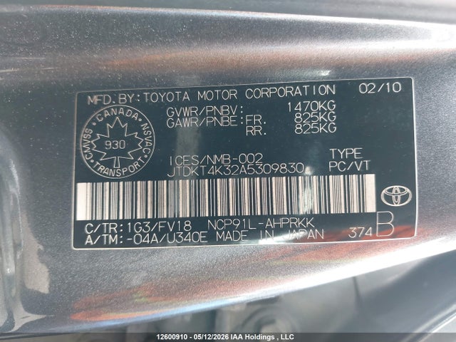 12600910 :رقم المزاد ، JTDKT4K32A5309830 vin ، 2010 Toyota Yaris مزاد بيع