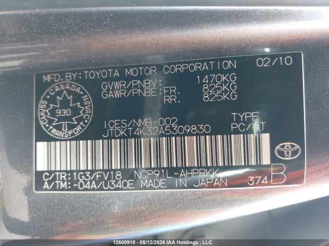 12600910 :رقم المزاد ، JTDKT4K32A5309830 vin ، 2010 Toyota Yaris مزاد بيع