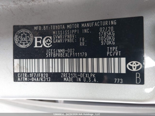 12600914 :رقم المزاد ، 5YFBPRBEXLP111179 vin ، 2020 Toyota Corolla Le مزاد بيع