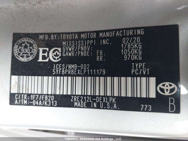 12600914 :رقم المزاد ، 5YFBPRBEXLP111179 vin ، 2020 Toyota Corolla Le مزاد بيع