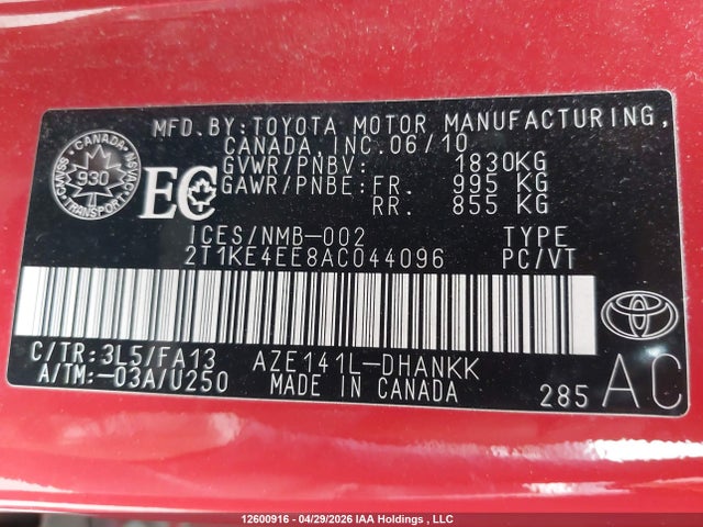 12600916 :رقم المزاد ، 2T1KE4EE8AC044096 vin ، 2010 Toyota Matrix Xr مزاد بيع