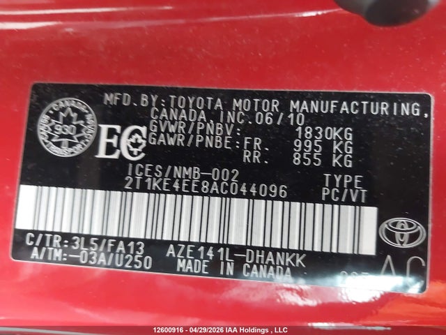 12600916 :رقم المزاد ، 2T1KE4EE8AC044096 vin ، 2010 Toyota Matrix Xr مزاد بيع