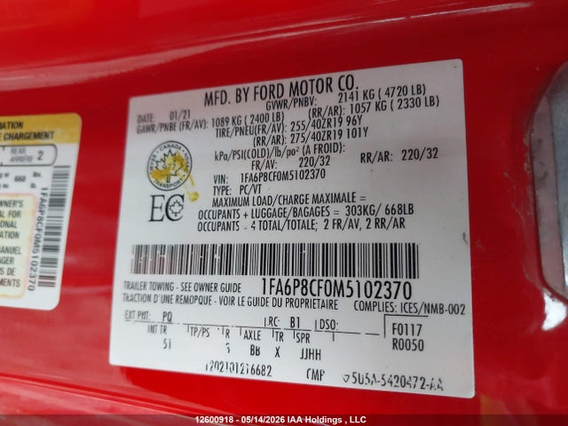 1FA6P8CF0M5102370 Ford Mustang Gt Premium