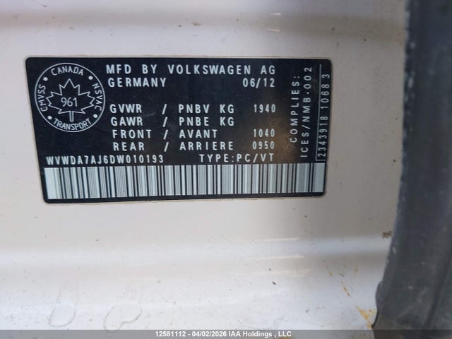 12581112 :رقم المزاد ، WVWDA7AJ6DW010193 vin ، 2013 Volkswagen Golf 2.5l Comfortline/2.5l Highline/2.5l Trendline/wolfsburg Edition 2.5l مزاد بيع