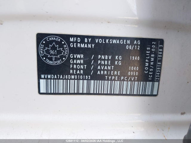 12581112 :رقم المزاد ، WVWDA7AJ6DW010193 vin ، 2013 Volkswagen Golf 2.5l Comfortline/2.5l Highline/2.5l Trendline/wolfsburg Edition 2.5l مزاد بيع