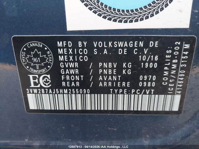 12587913 :رقم المزاد ، 3VW2B7AJ5HM255090 vin ، 2017 Volkswagen Jetta 1.4 Tsi Trendline+ مزاد بيع