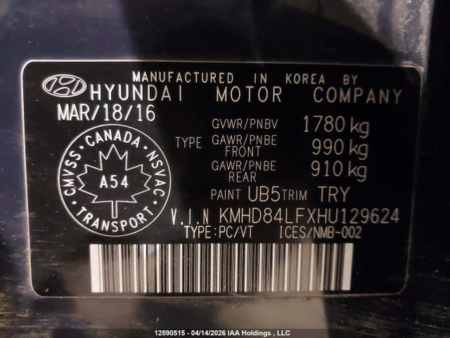 KMHD84LFXHU129624 Hyundai ELANTRA GL