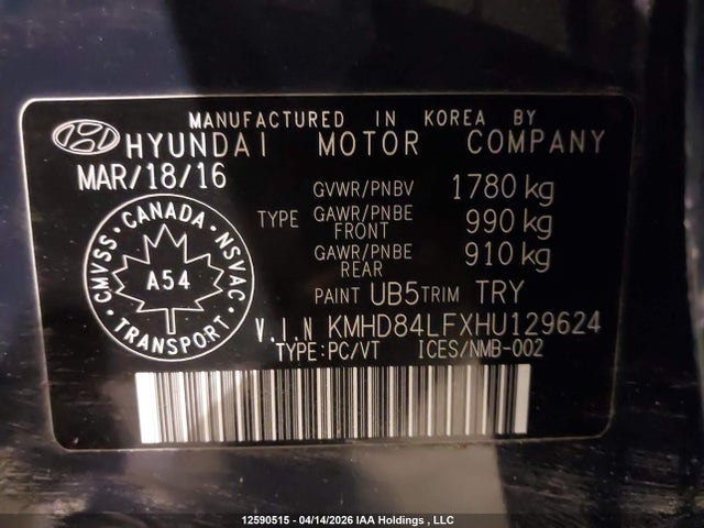 KMHD84LFXHU129624 Hyundai ELANTRA GL