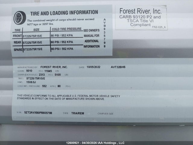 Продажа на аукционе авто 2023 Forest River Trailer, vin: 5ZT2AVXB0PB935798, номер лота: 12600921