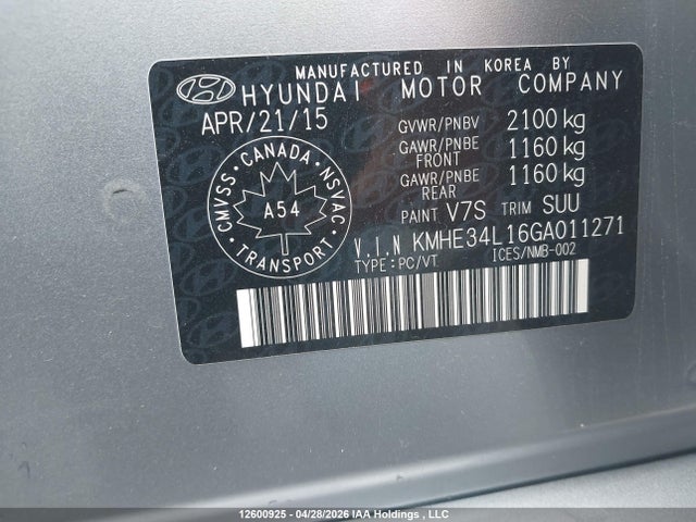2016 Hyundai Sonata Hybrid Ultimate მანქანა იყიდება აუქციონზე, vin: KMHE34L16GA011271, აუქციონის ნომერი: 12600925