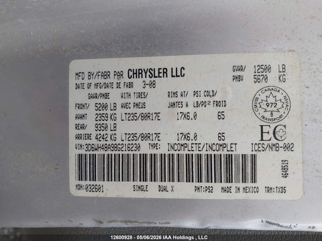 12600928 :رقم المزاد ، 3D6WH48A98G216230 vin ، 2008 Dodge Ram 3500 Hd Chassis St/slt/laramie مزاد بيع