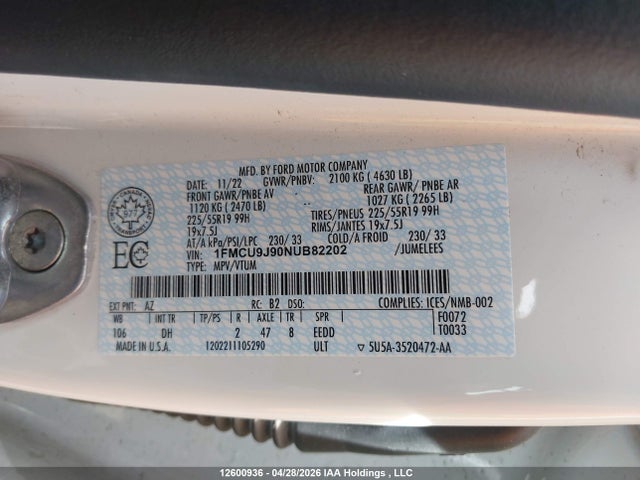 Продаж на аукціоні авто 2022 Ford Escape Titanium, vin: 1FMCU9J90NUB82202, номер лоту: 12600936
