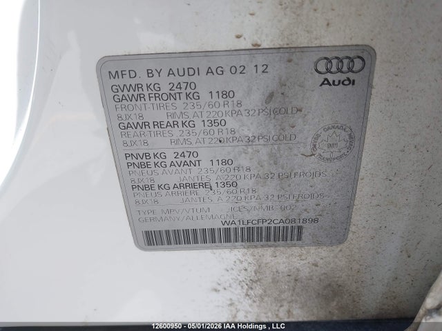12600950 :رقم المزاد ، WA1LFCFP2CA081898 vin ، 2012 Audi Q5 Premium Plus مزاد بيع