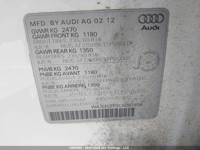 12600950 :رقم المزاد ، WA1LFCFP2CA081898 vin ، 2012 Audi Q5 Premium Plus مزاد بيع