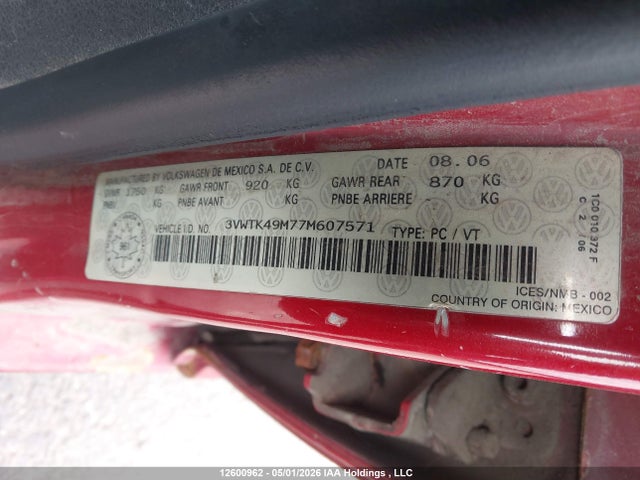Продажа на аукционе авто 2007 Volkswagen City Jetta, vin: 3VWTK49M77M607571, номер лота: 12600962