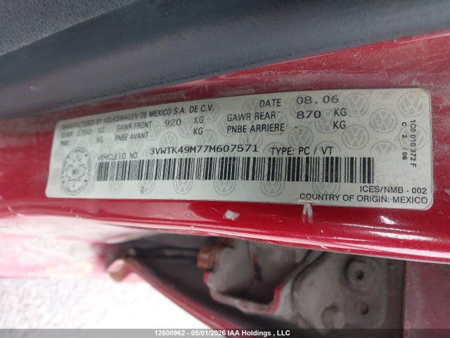 Продажа на аукционе авто 2007 Volkswagen City Jetta, vin: 3VWTK49M77M607571, номер лота: 12600962