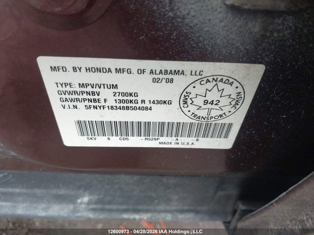 Aukcja sprzedaży 2008 Honda Pilot Se, vin: 5FNYF18348B504084, numer aukcji: 12600973