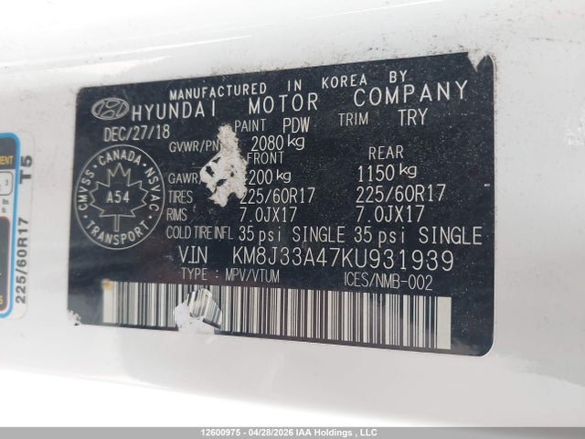Продажа на аукционе авто 2019 Hyundai Tucson, vin: KM8J33A47KU931939, номер лота: 12600975