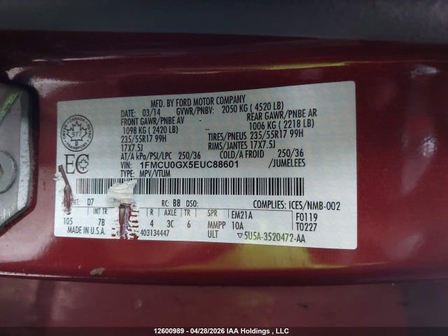 Продажа на аукционе авто 2014 Ford Escape Se, vin: 1FMCU0GX5EUC88601, номер лота: 12600989