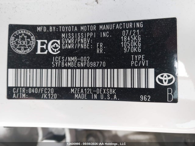 5YFB4MBE6NP098770 Toyota Corolla