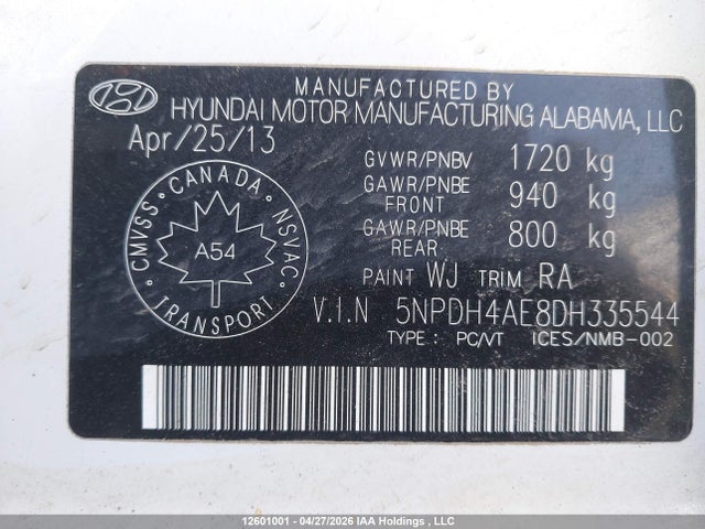 Продаж на аукціоні авто 2013 Hyundai Elantra Gl, vin: 5NPDH4AE8DH335544, номер лоту: 12601001