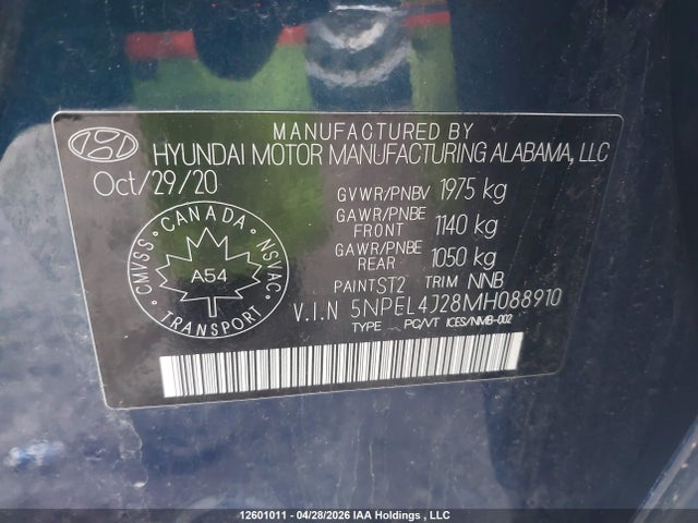 5NPEL4J28MH088910 Hyundai SONATA SEL